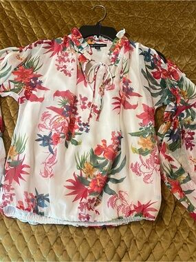 INC by Macys Floral Tie-Neck Sheer Blouse - White with Pink & Green Florals